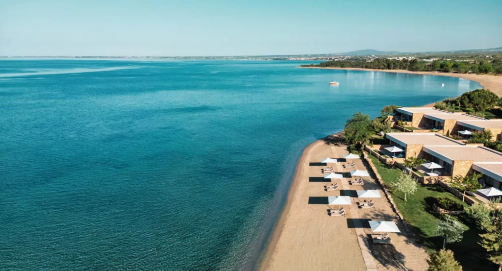 Aerial shot of IKOS Olivia resort by the sea in Halkidiki Greece